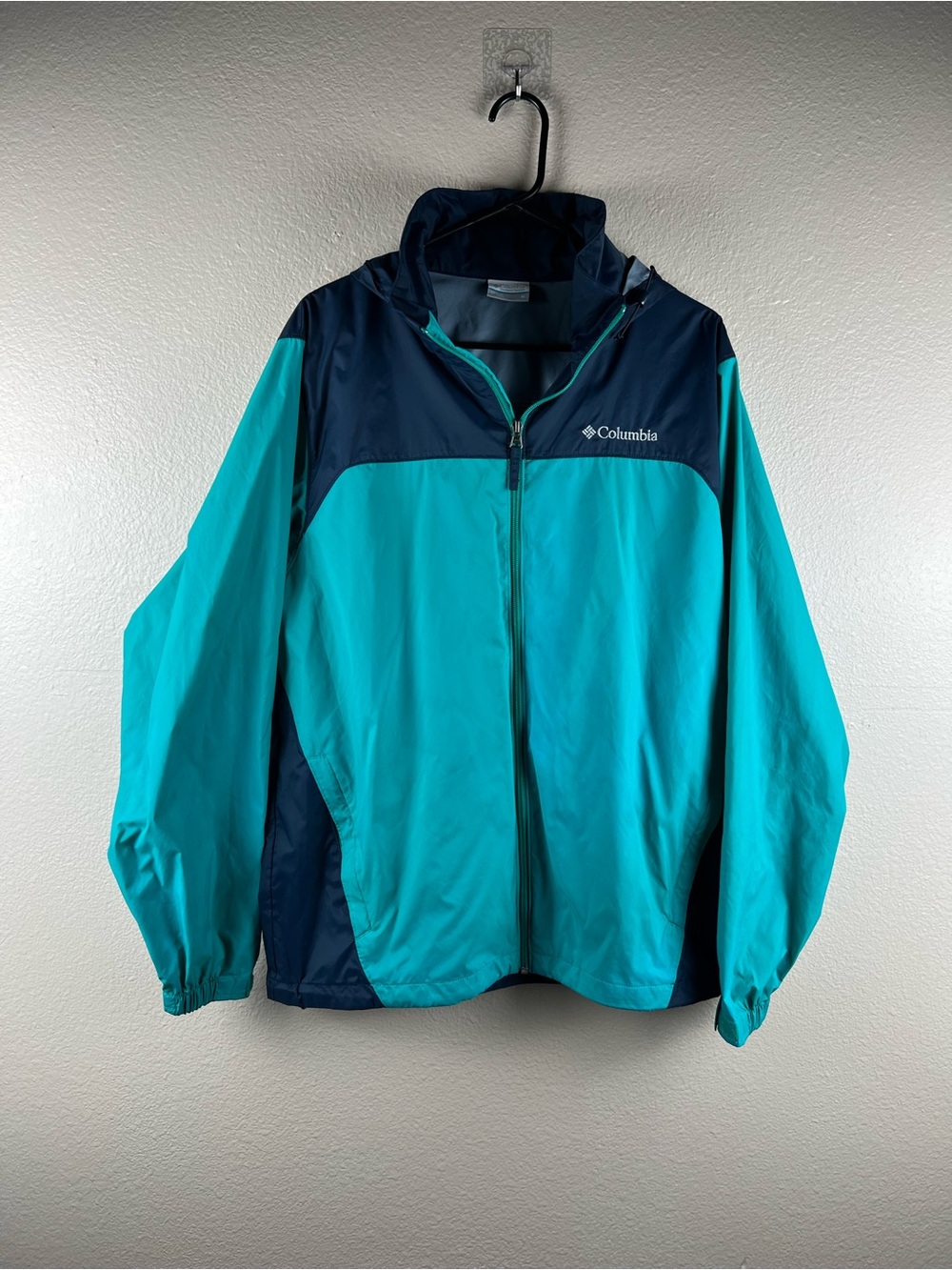 Columbia Teal Navy Hooded Windbreaker Jacket M